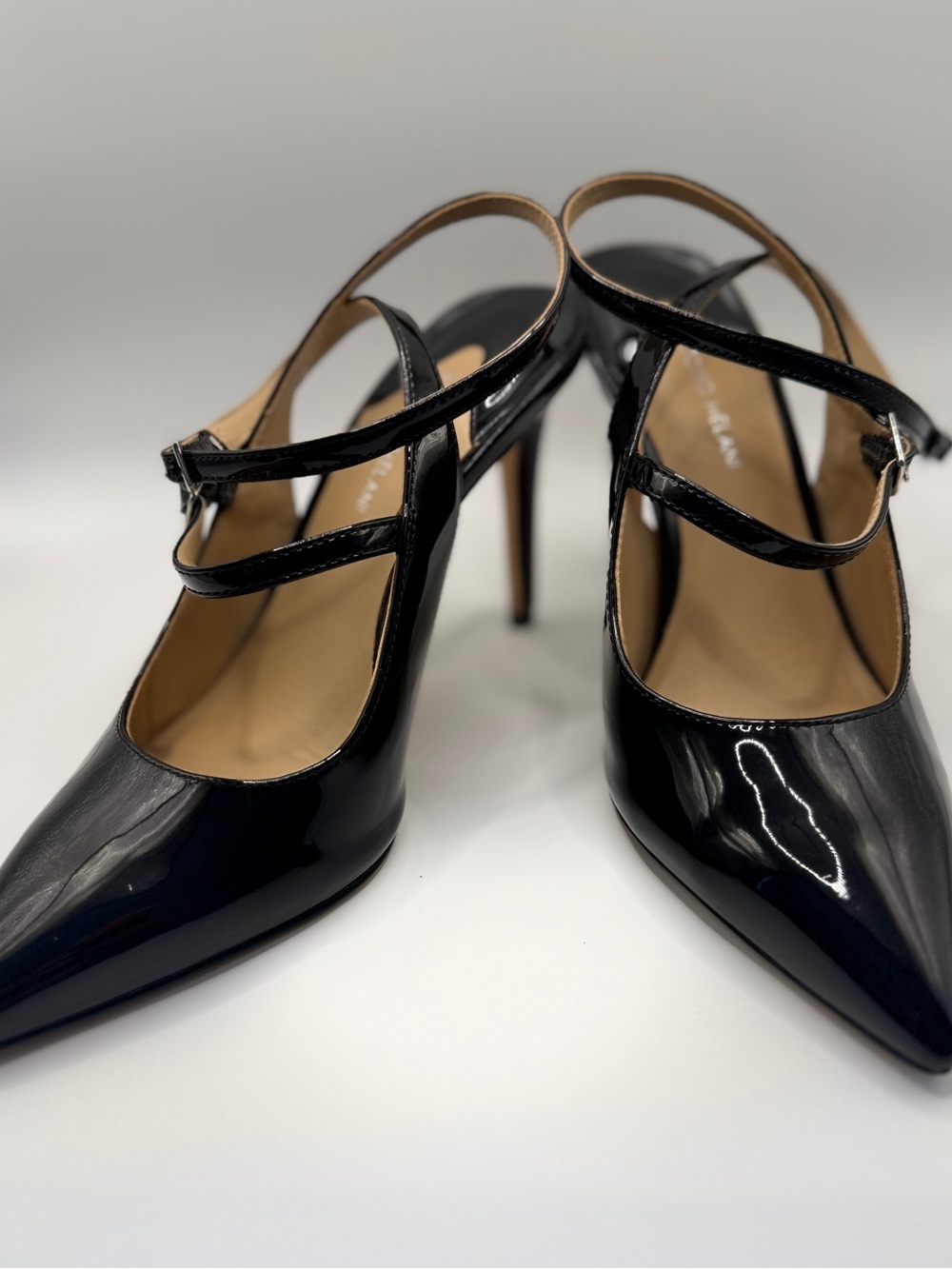 ANTONIO MELANI Black Patent Double-Strap Pointed-Toe Heels